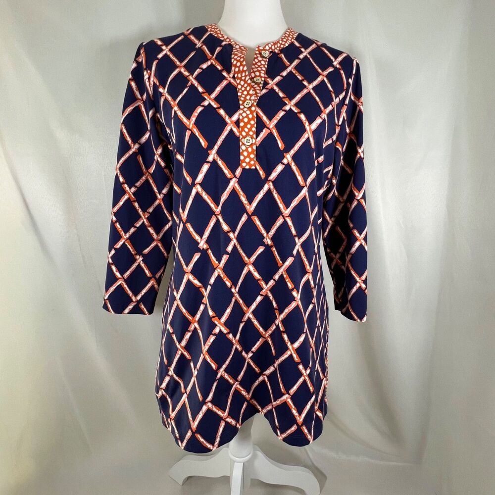 J.McLaughlin M Catalina Cloth Tunic Top Navy Orange Bamboo Lattice 3/4 Sleeve
